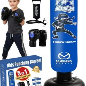 Marwan Sports 5-in-1 Kids Punching Bag Set with Gloves, Pump & Funnel – 63” Inflatable Boxing Bag for Kids 4-12, Durable PVC, Fast Rebound, Waterproof Base Cover with Handles, Gift for Boys & Girls