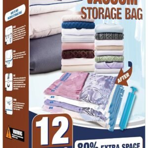 HIBAG Vacuum Storage Bags, 12 Jumbo Vacuum Seal Bags for Clothing, Space Bags for Clothes, Comforters, Blankets, Bedding (12J)