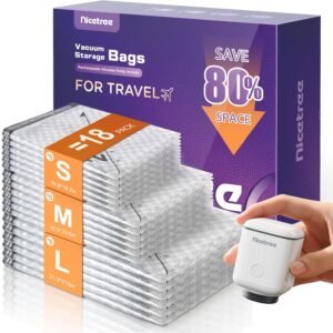 Nicetree 18-Pack Vacuum Seal Bags with Rechargeable Wireless Pump | 3 Sizes (20/24/28 Inch) Travel Vacuum Storage Bags for Clothing, Bedding & Seasonal Storage | Space Saver for Luggage