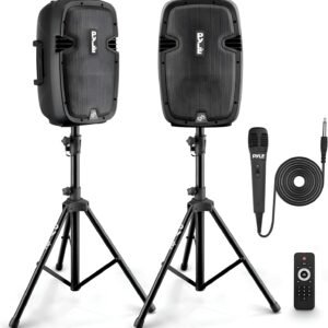 Pyle Active + Passive PA Systems – Dual 8inch 700 Watt Max Power Output Speaker with Microphone, Bluetooth Wireless Streaming, MP3/USB/SD/AUX Readers, Speaker Stands- Pyle PPHP849KT