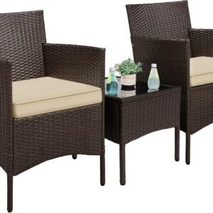Yaheetech 3 Pieces Patio Porch Furniture Set, Outdoor PE Rattan Wicker Conversation Set with Soft Cushions, Glass Coffee Table & 2 Chairs for Garden/Deck/Courtyard/Poolside, Brown/Khaki