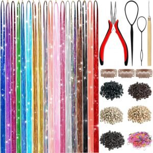 Hair Tinsel,18 Colors Hair Tinsel Kit for Girls 7600 Strands Fairy Tinsel Hair Extensions Holographic Hair Tinsel Heat Resistant Colored Hair Glitter Christmas Party Festival (18 Colors)