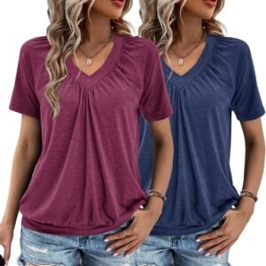 2 Pack Summer Tops for Women V Neck Shorts Sleeve Casual Ruched Tops Women T Shirts Clothes Trendy 2026