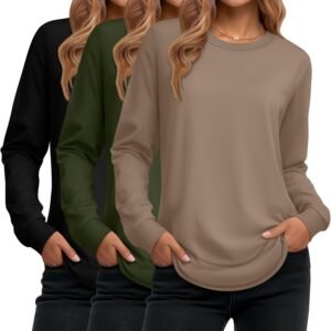 Ficerd 3 Pack Women’s Long Sleeve Shirts, Cotton Crew Neck Tunic Tops Casual Loose Fit Pullover Sweatshirts Curved Hem Shirts