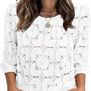 Sampeel Women Blouses Dressy Casual 3/4 Length Sleeve Tops Eyelet Lace Spring Summer Shirts Beach Vacation Clothes