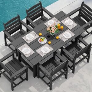 SERWALL 7-Piece Patio Dining Table Sets, Outdoor HDPE Dining Furniture Set with Umbrella Hole Cut-Out Table and 6 Chairs, Black