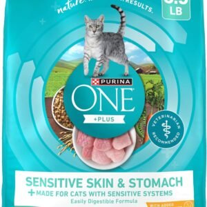 Purina ONE Sensitive Stomach, Sensitive Skin, Natural Dry Cat Food, +Plus Sensitive Skin and Stomach Formula – 3.5 Lb. Bag