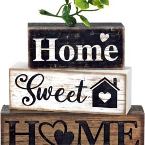 Moucuny 4 Pcs Farmhouse Wooden Tabletop Decor Farmhouse Tiered Tray Decor Rustic Eucalyptus Leaves Wood Block Sign Gift Sweet Home Centerpiece Home Table Decortion