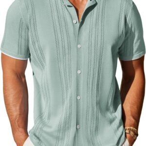 COOFANDY Men’s Knit Button Down Shirt Vintage Short Sleeve Polo Shirts Casual Beach Tops