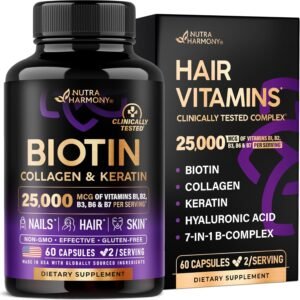 Biotin | Collagen | Hyaluronic Acid | Keratin – Support Normal Hair Growth Cycle, Skin & Nails – Clinically Tested – 25000mcg Vitamins B1, B2, B3, B6 & B7 – for Women & Men – Made in USA | 60 Capsules