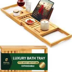 ROYAL CRAFT WOOD Premium Foldable Bathtub Tray Caddy – Wood Bath Tray for Tub, Bamboo Shelf, Expandable Bath Table Trays, Bathtub & Bathroom Accessories for New Home & Mothers, Birthday Gifts for Mom