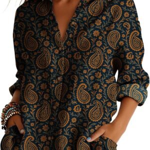 Womens Fall Paisley Print Long Sleeve Button Down Blouse Vintage Loose Fit Cotton Blend Shirt Classic Collar Top