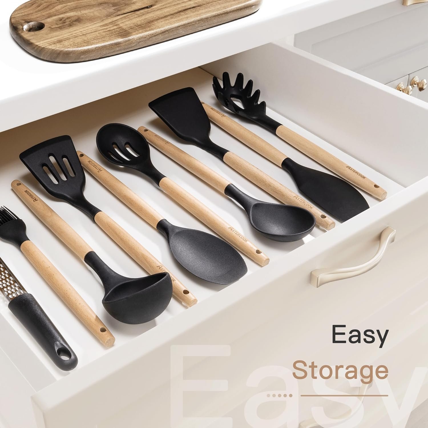 Astercook 39 PCS Kitchen Utensils Set, Silicone Cooking Utensil Sets with Wooden Handle, 446°F Heat Resistant Food Grade Spatula Set, BPA Free Kitchen Gadgets Tools Set & Spoons for Nonstick Cookware - Image 9