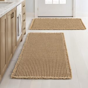 MIULEE Set of 2 Waffle Bathroom Rugs, Boho Bath Rugs Non Slip Washable, Super Absorbent Bath Mats, Ultra Soft Rubber Backed Shower Mats for Bathroom Floor, Tub and Shower, Brown, 18×30 Inch