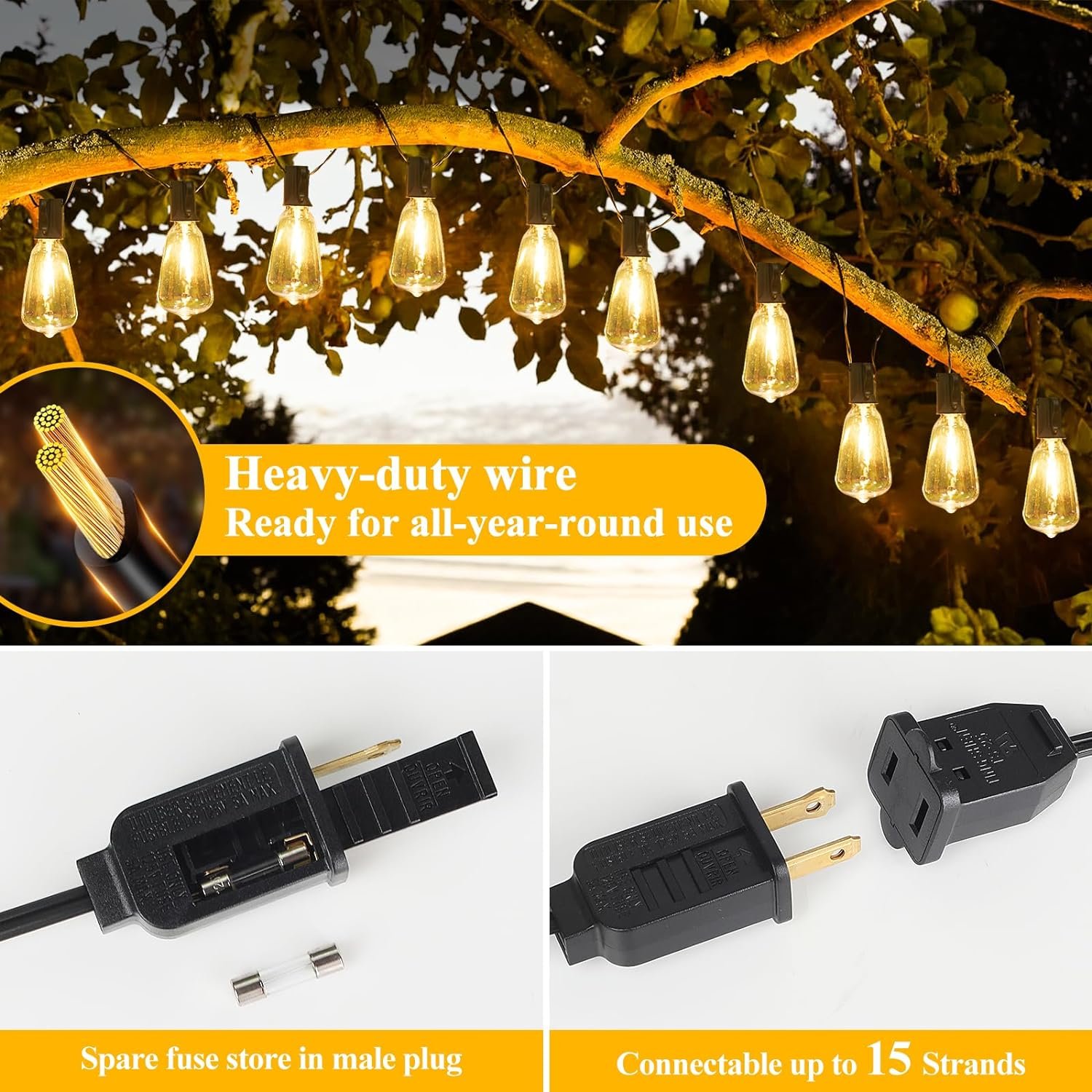 Brightever LED Outdoor String Lights 100FT Patio Lights with 52 Shatterproof ST38 Vintage Edison Bulbs, Outside Hanging Light Waterproof for Porch, Deck, Garden, Backyard, Balcony, 2700K Dimmable - Image 6