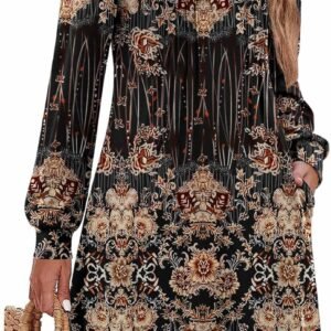 Zeagoo Fall Dresses for Women Long Sleeve Casual Pleated V Neck Dress 2025 A Line Tunic Dress