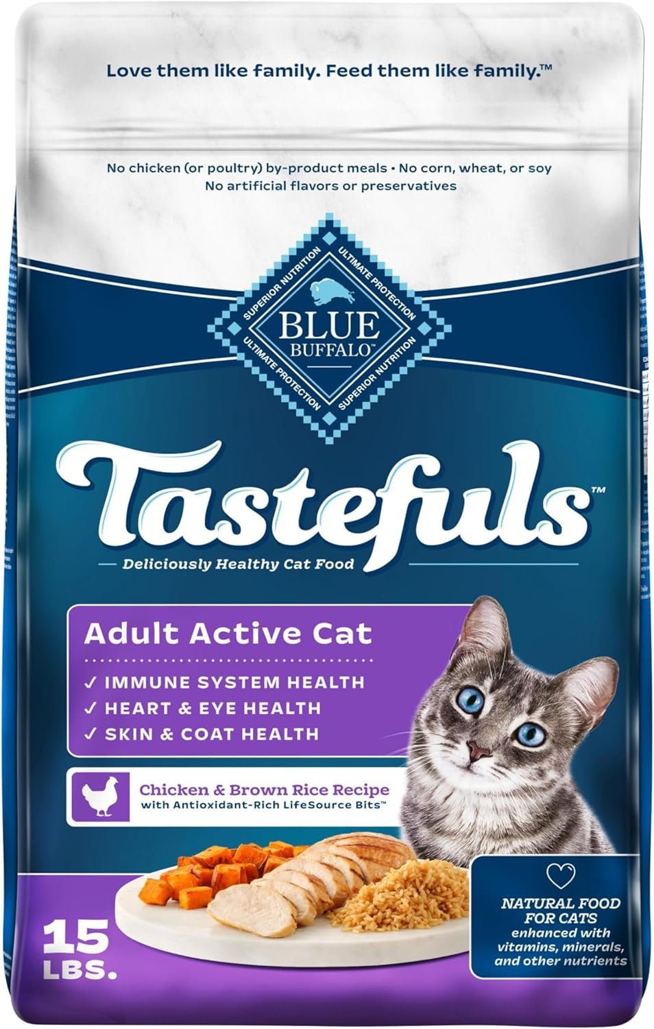 Blue Buffalo Tastefuls Natural Dry Food for Active Adult Cats, Chicken and Brown Rice Recipe, 15-lb. Bag