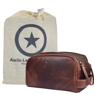 Leather Toiletry Bag for Men | Grooming Travel Kit | With Waterproof Lining | By Aaron Leather (Dark Brown)
