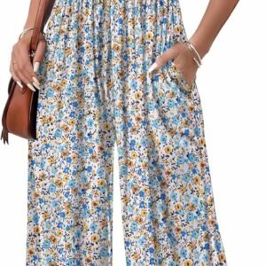 Ekouaer Womens Casual Jumpsuits Summer Boho Outfits Printed Smocked Wide Leg Vacation Jumper With Pockets S-XXL