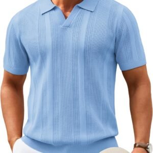 COOFANDY Mens Knit Polo Shirts V Neck Textured Polo Shirts Short Sleeve Breathable Polo Casual Collared T Shirt Fashion Tops