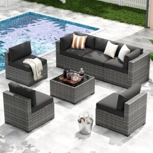LazySunsets 7-Piece Patio Furniture Set, Wicker Rattan Outdoor Furniture with Thick Cushions, Patio Conversation Sets with Coffee Table, Outdoor Sectional Couch Sofa with Waterproof Cover, Black
