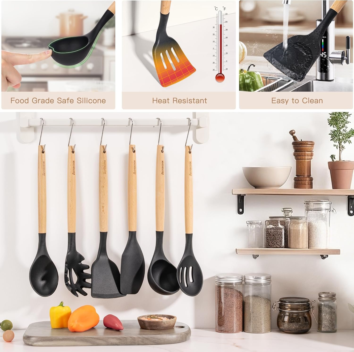 Astercook 39 PCS Kitchen Utensils Set, Silicone Cooking Utensil Sets with Wooden Handle, 446°F Heat Resistant Food Grade Spatula Set, BPA Free Kitchen Gadgets Tools Set & Spoons for Nonstick Cookware - Image 7