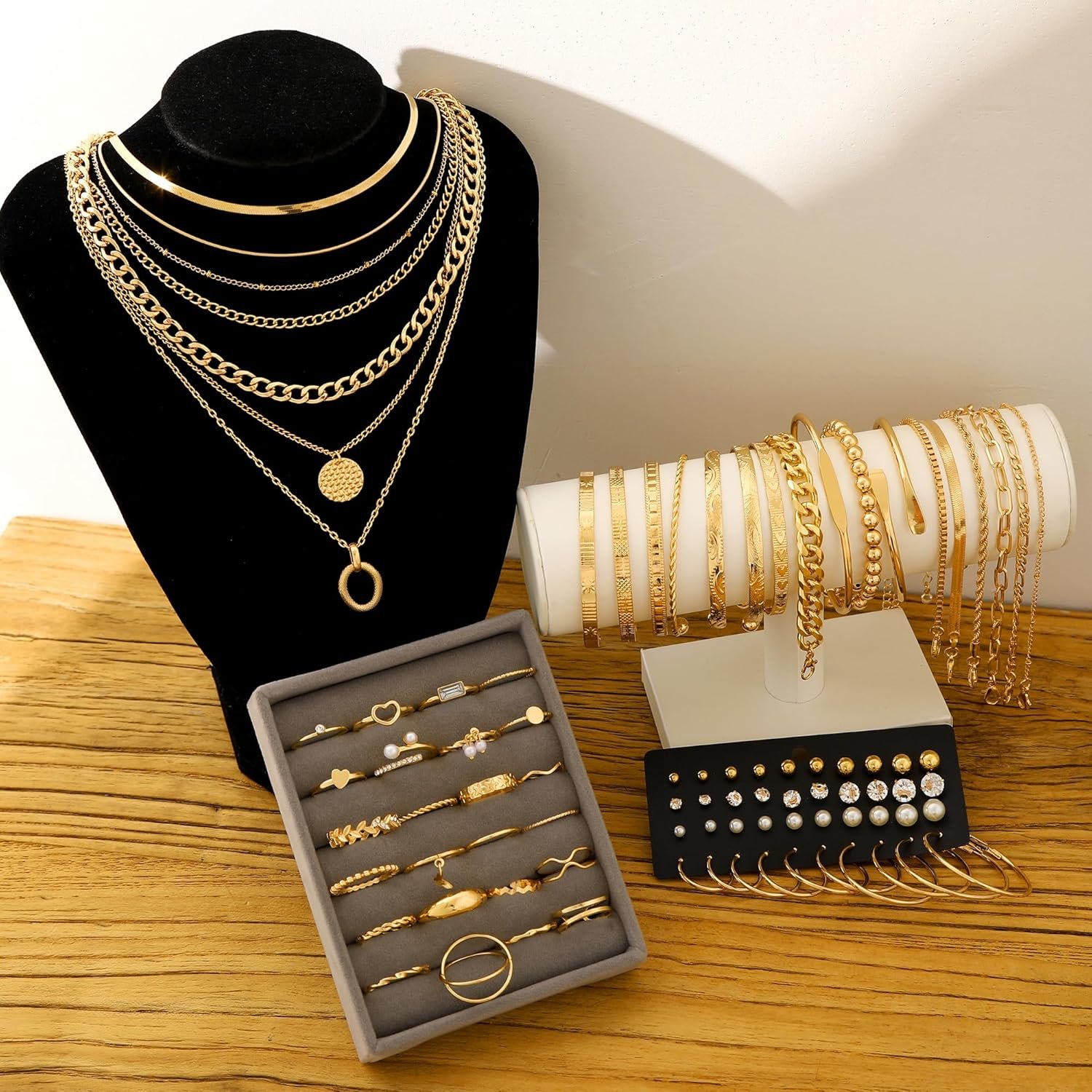 FAXHION 68 Pcs Gold Jewelry Set for Women with 7 Necklace, 17 Bracelet, 5 Hoop Earrings, 15 Stud Earrings, 24 Knuckle Rings for Women Jewelry Set for Women - Image 6