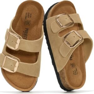 Project Cloud 100% Genuine Leather Kids Sandals – Natural Cork Footbed Non-Slip Slides for Kids – Lightweight Boys & Girls Sandals – Water-Resistant Girls & Boys Sandals