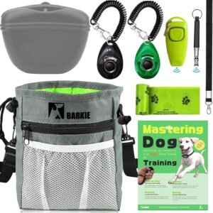 BARKIE Dog Training Kit – Treat Pouch, Pet Training Fanny Pack, 2 Puppy Training Clickers, Ultrasonic Silent Whistle, 2-in-1 Whistle Clicker, Clicker Training Guide Booklet, Dog Poop Bag (Grey)