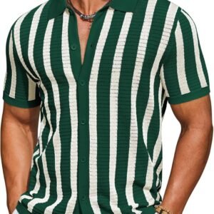 COOFANDY Men’s Knit Shirts Short Sleeve Button Down Polo Shirt Striped Casual Summer Beach Shirts