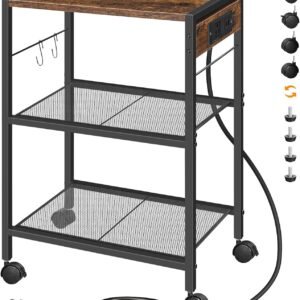 HOOBRO Industrial Printer Stand, 3-Tier Mobile Printer Table, Rolling Cart with Power Outlets and USB Ports, Home Printer Stand with 2 Hooks, for Office, Living Room, Rustic Brown BF22UPS01