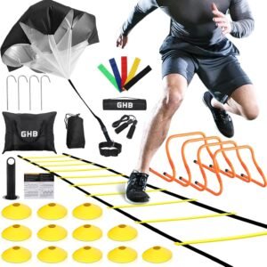 GHB Agility Ladder,Football Training Equipment Set,4 Agility Hurdles, 20 feet12 Rungs Speed Ladder,12 Disc Cones,Resistance Parachute, Jump Rope, 5 Resistance Bands