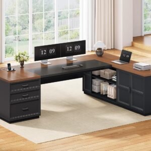 SEDETA 78.7″ L Shaped Executive Desk with Charging Station, Large Home Office Computer Desk with File Drawers & Adjustable Storage Cabinet, CPU Stand, Modern L Desk for Business, Black + Brown