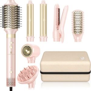 Hair Dryer Brush 8-in-1 Dual Voltage Hot Air Styler – Fast-Drying 110,000 RPM Ionic Blow Dryer with Straightener & Curler Attachments, Frizz-Free Volumizing Styler with Protective Hard Case-Pink
