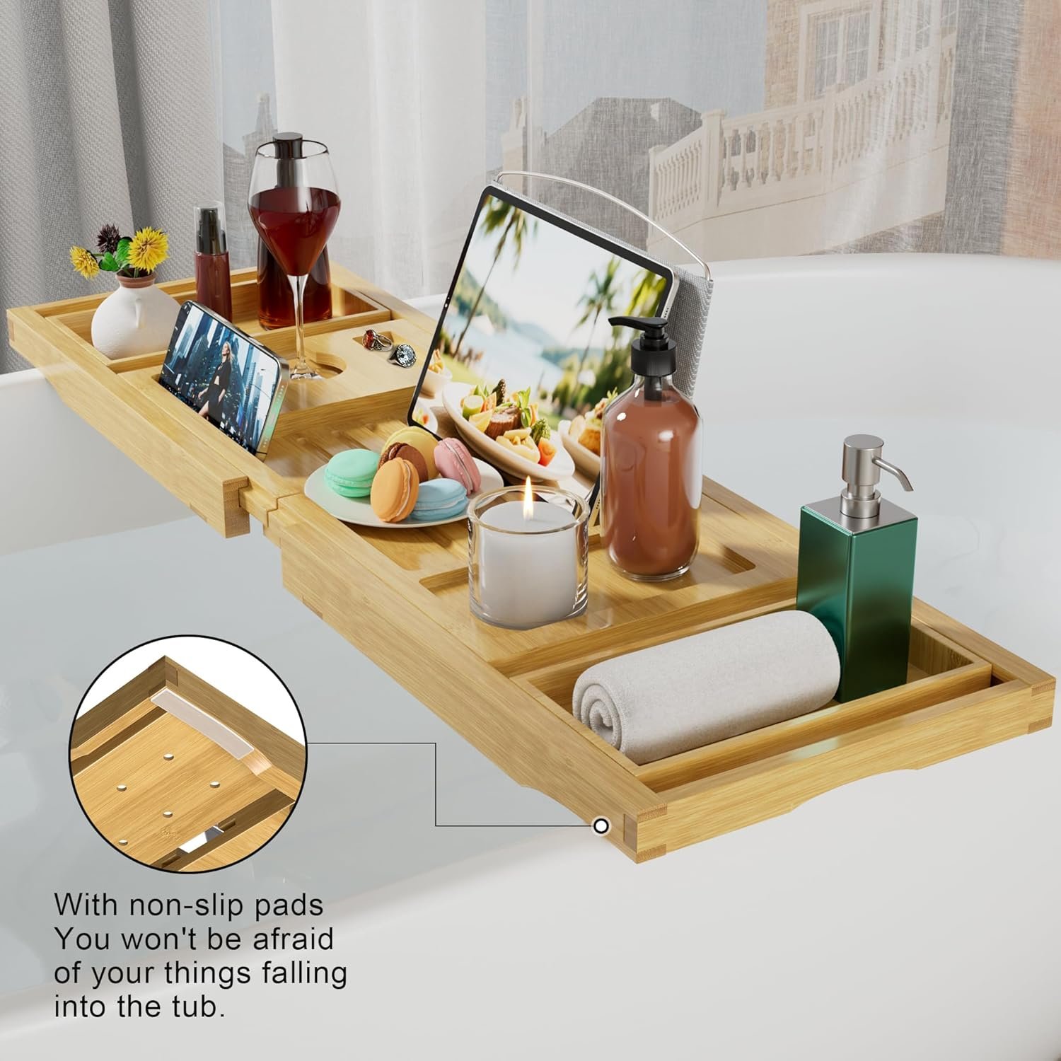Bathtub Caddy Tray for Tub,Foldable Bath Table Trays,Bamboo Shelf with Book and Wine Glass Holder,Bathroom Accessories Suitable for Luxury Spa or Reading,Natural - Image 6