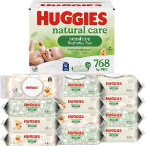Huggies Natural Care Sensitive Baby Wipes, Unscented, Hypoallergenic, 99% Purified Water, 12 Flip-Top Packs (768 Wipes Total), Packaging May Vary
