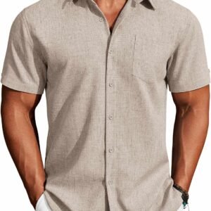 COOFANDY Men’s Button Down Shirts Short Sleeve Casual Shirts Summer Beach Linen Shirts with Pocket