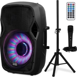 Acoustic Audio by Goldwood 1000W Bluetooth Speaker w/ Flashing LED, Large Plug-In PA System w/ Stand, Mic, & Remote for Karaoke, DJ, or Tailgate Party