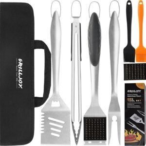 grilljoy 8PCS BBQ Grill Tools Set with Extra Thick Stainless Steel Spatula, Fork, Tongs & Cleaning Brush – Complete Barbecue Accessories Kit with Portable Bag – Perfect Grill Gifts for Men Black