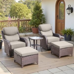 Belord Luxury 6″ Thick Cushioned 5 Pieces Patio Furniture Set with 2 Ottomans, Wicker Outdoor Conversation Set with High Back Swivel Rocker Patio Chairs for Deck Porch Yard and Poolside – Brown+Beige