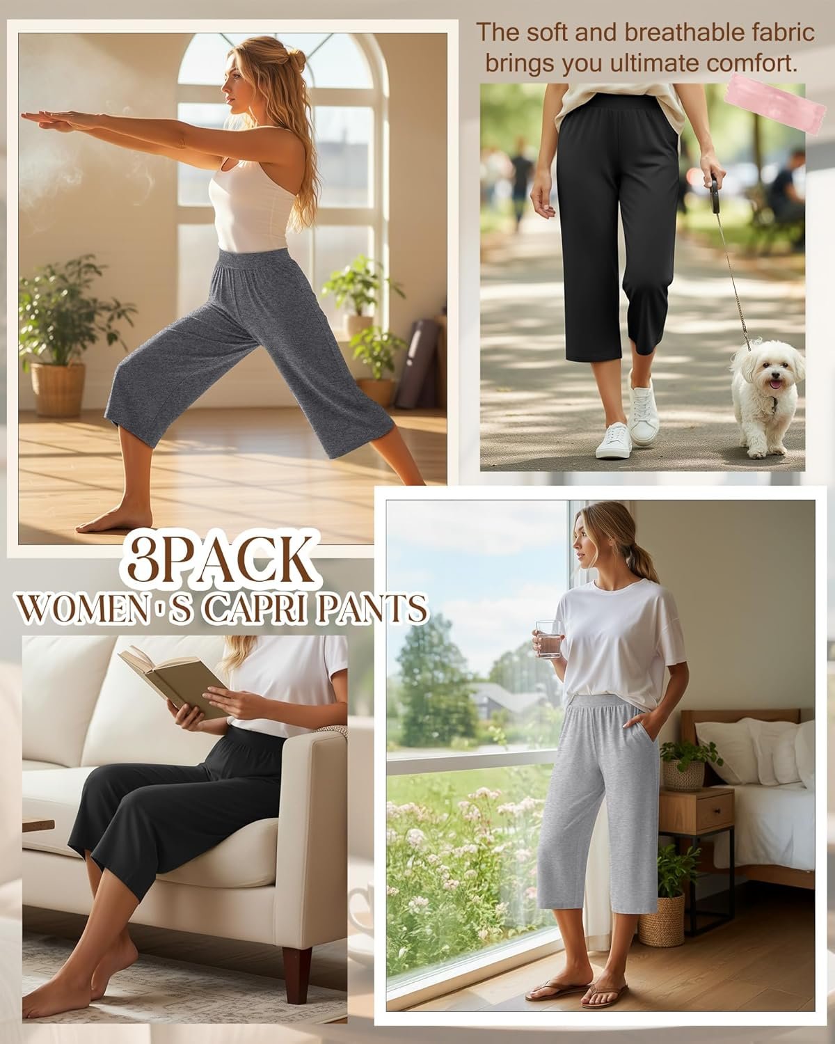 Huukeay 3 Pack Women's Capri Sweatpants, Cozy Wide Legs Cropped Capri with Pockets, Lounge Jogger Pants Workout Yoga Solid - Image 2