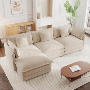mikibama Modular Sectional Sofa, 111.5 Inch L Shaped Couch Set for Living Room, 3-Seater Comfy Cloud Couches with Movable Ottoman, DIY Combination, Chenille, Light Coffee