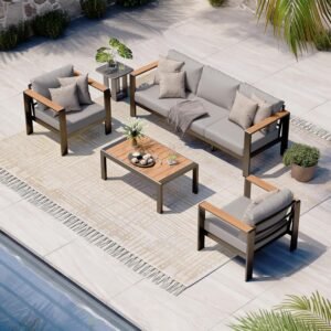 Aluminum Outdoor Patio Furniture Set with Coffee Table, 4 Piece Patio Conversation Sets with Washable Thick Cushions, Outdoor Sectional Furniture Set for Poolside, Balcony, Deck, Gray
