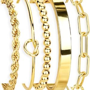 Gold Bracelets Set for Women Non Tarnish, Waterproof 14K Gold Plated Sterling Silver Chunky Cuff Bracelet Stackable Gold Bangles Bracelet for Women Trendy Fashion Accessories Tie Knot Cuban Rope Paperclip Beaded Bracelet Stack Jewelry Mothers Day Gifts for Mom Birthday