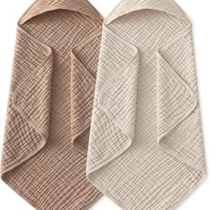 Yoofoss Hooded Baby Towels for Newborn 2 Pack 100% Muslin Organic Cotton Baby Bath Towel with Hood for Babies, Infant, Toddler and Kids, 32x32Inch, Soft and Absorbent Newborn Essential, Beige&Coffee