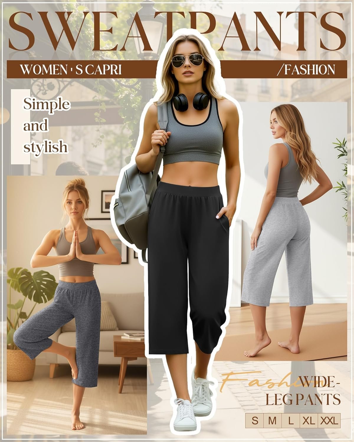 Huukeay 3 Pack Women's Capri Sweatpants, Cozy Wide Legs Cropped Capri with Pockets, Lounge Jogger Pants Workout Yoga Solid - Image 4