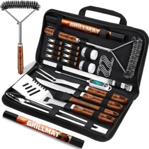 RINPIR 31pcs BBQ Grill Accessories Gifts for Men Dad, Heavy Duty Grilling Tools Gift Set for Father‘s Day, Stainless Steel BBQ Utensils Kit with Mats, Grill Brush in Carrying Bag Brown
