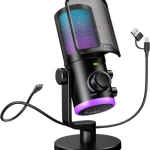 FIFINE Gaming PC Microphone, USB Streaming Microphone with Game Chat Balance, Computer Condenser Desktop RGB Mic with Mute Button, Noise Cancellation for Podcast/Twitch/Discord-AMPLIGAME AM6