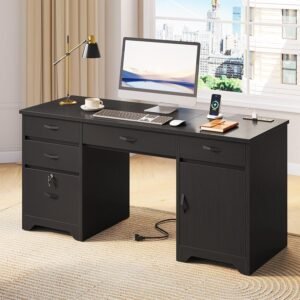 Bestier 59” Office Desk with Lockable Drawers, Modern Computer Desk with File Drawer, Charging Station & Drop-Front Keyboard Drawer, Executive Desk with Storage Cabinet for Home Office & Studio, Black