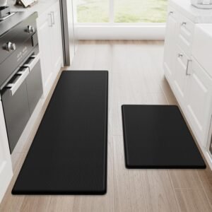 StepRite Kitchen Mats, 2PCS Kitchen Rugs, Cushioned Anti Fatigue Kitchen Mats for Floor, Non-Slip Standing Desk Mat, Waterproof Kitchen Rug Set for Kitchen, Floor, Office, 17.3″x30″+17.3″x47″, Black